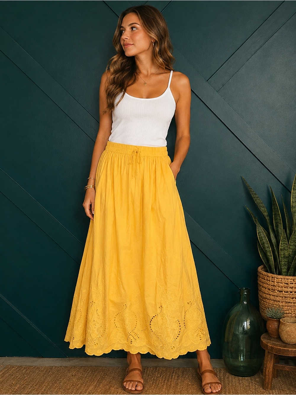 Moon River Yellow Boho Eyelet Embroidery-Hem Maxi Skirt Size S